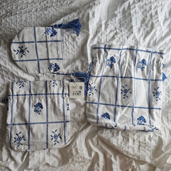 Sezane Set of 3 Pouches - Ecru w/ Blue Embroidery - NWT - Picture 2 of 14